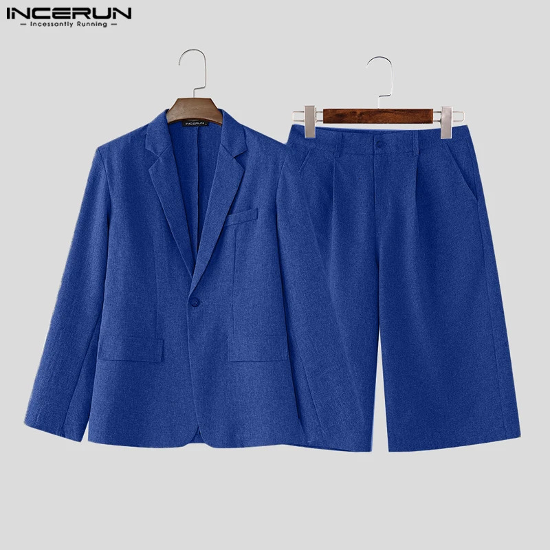 INCERUN Korean Style Sets Stylish Mens Long Sleeved Suit Long Pants Casual Streetwear Solid All-match Suit 2 Pieces S-5XL 250303