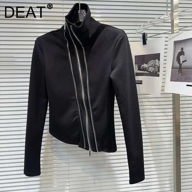 DEAT Fashion Women's Diagonal Metal Zipper Design Long Sleeve T-Shirt Turtleneck Solid Color Tops Female 2024 Autumn New 11A0798