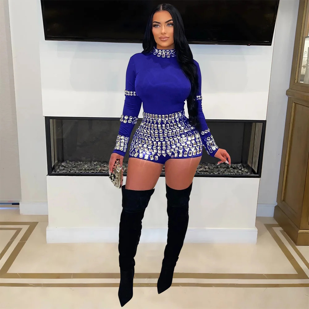 CM.YAYA Women Diamonds Rhinestones Long Sleeve Short Jumpsuits Summer Sexy Party Club One Piece Suit Rompers Playsuits 250303