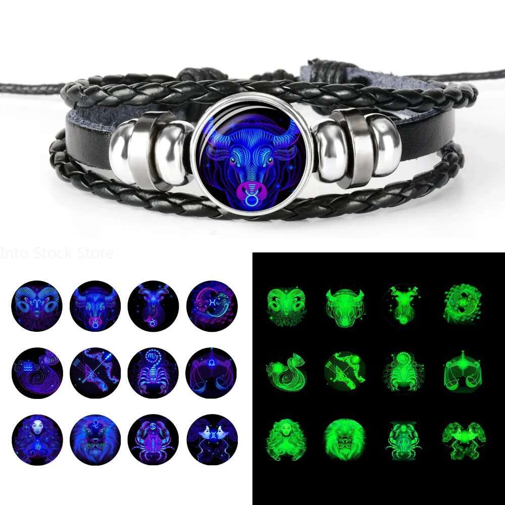 12 Constellation Zodiac Sign Black Braided Leather Cancer Leo Virgo Libra Woven Glass Dome Jewelry Punk Men Bracelet
