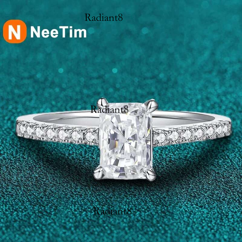 NeeTim1CT Moissanite Ring for Women Emerald Radiant Cut Dia Wedding Sier White Gold Plated Rings With GRA Certificate