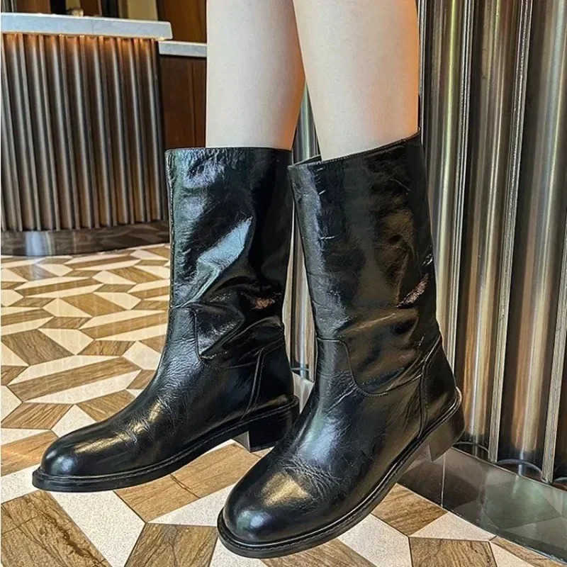 Ladies Mid Calf Shoes Flat Wens Half High Boots Black Hot Fion 2024 Cfortable and Elegant New In Boot Goth Chic Pu Z250304