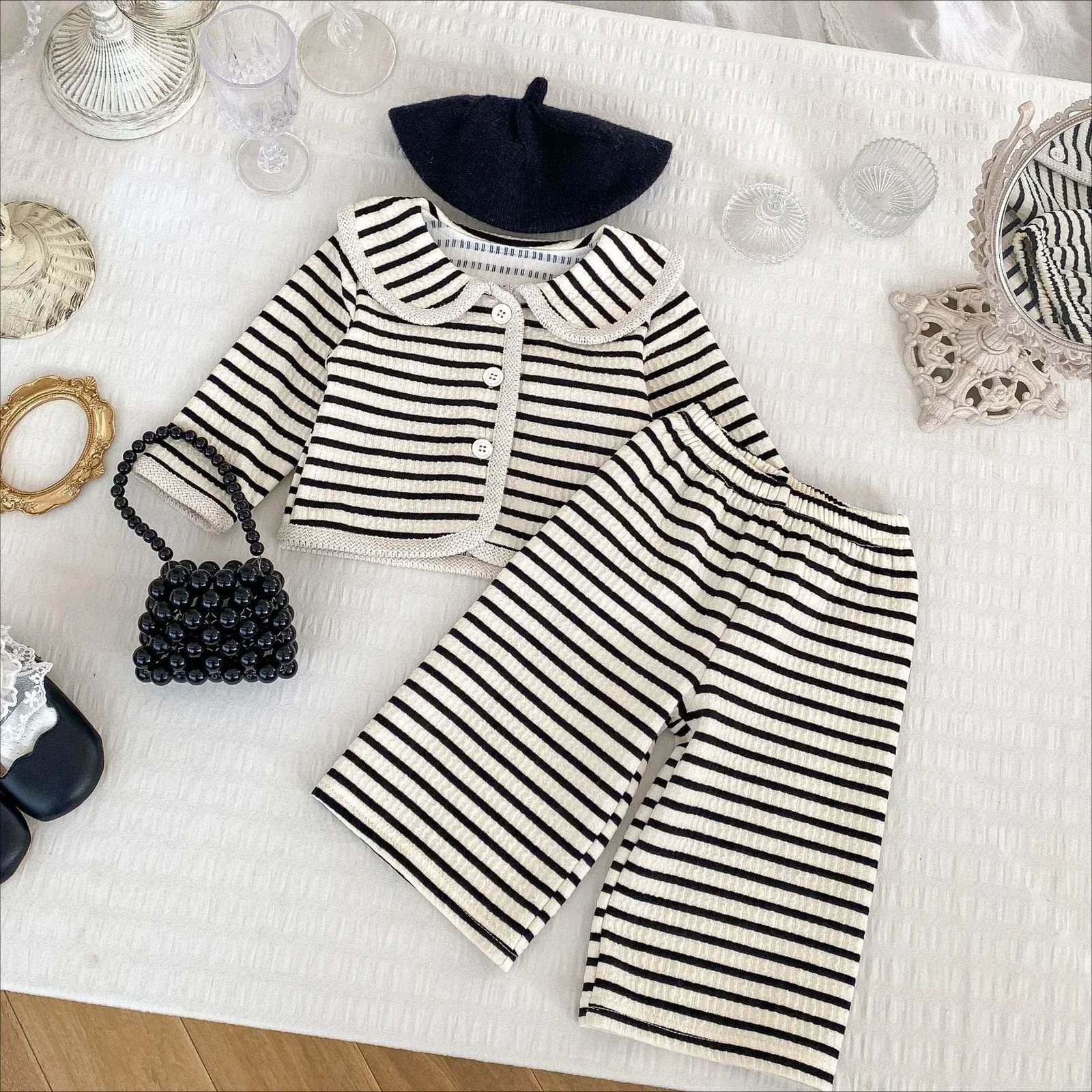 4251 Baby Clothing Set Spring Girls Striped Suit Long-sleeved CoatWide-leg Pant Girls Two-piece Suit. 250304