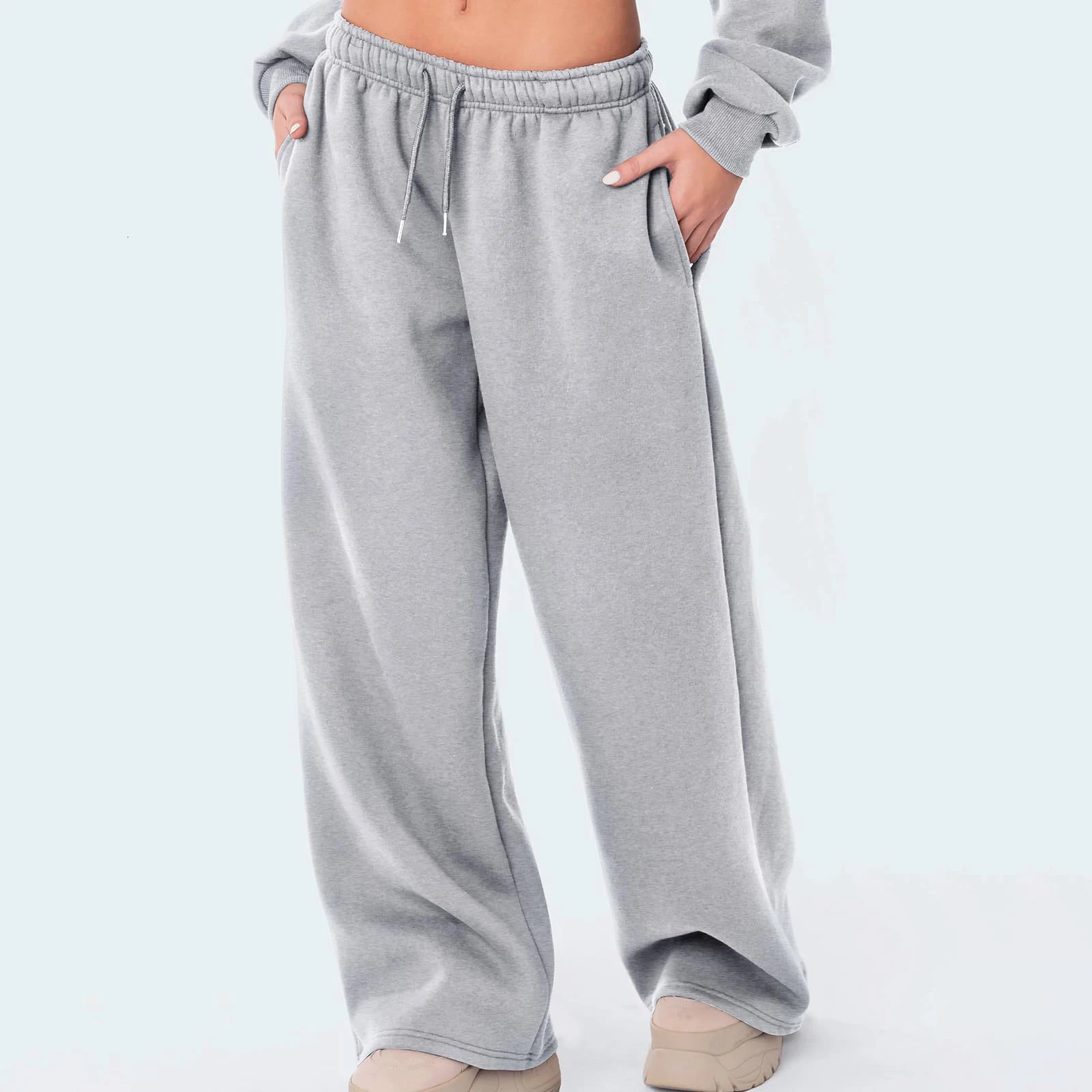 Fashion Womens Casual Pants Joggers Sweatpants Solid Color Drawstring High Waist Wide Leg Trousers Streetwear Casual Outfits 250303