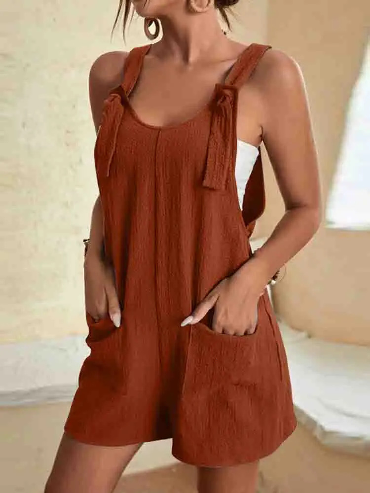 Womens Casual Summer Short Rompers Overalls Loose Sleeveless Tie Knot Strap Jumpsuits with Pockets 250303