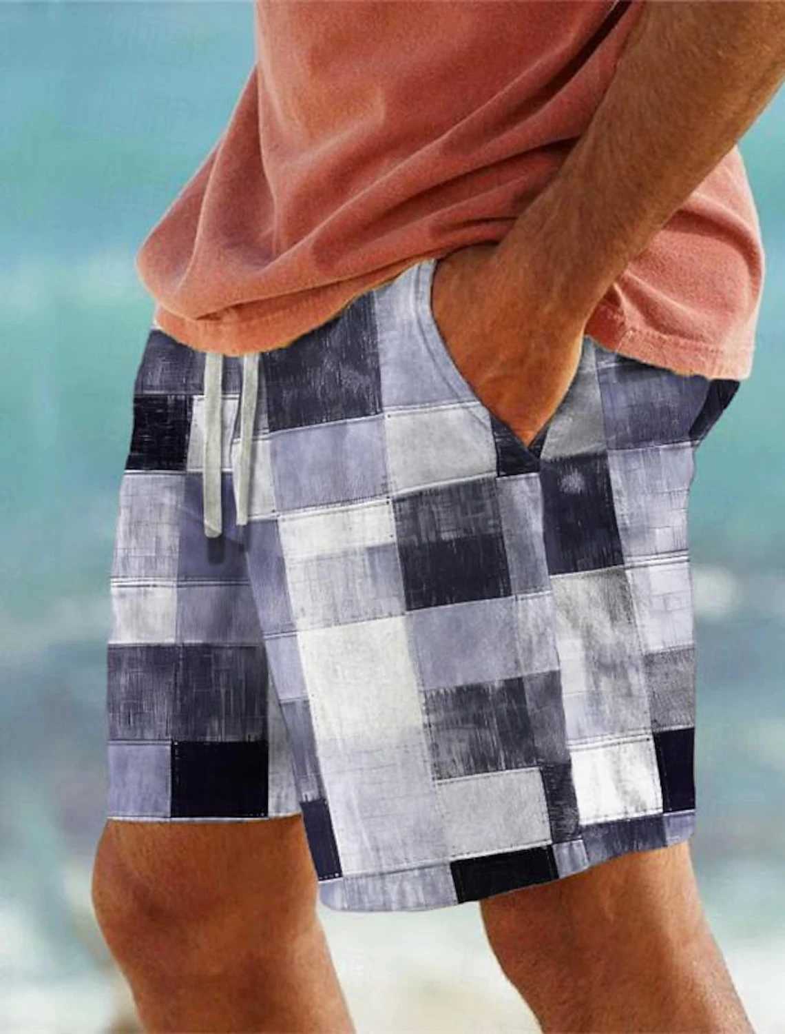 Mens Patchwork Plaid 3D Printed Beach Pants Summer Breathable Shorts Fitness Street Ropa HombreT250304