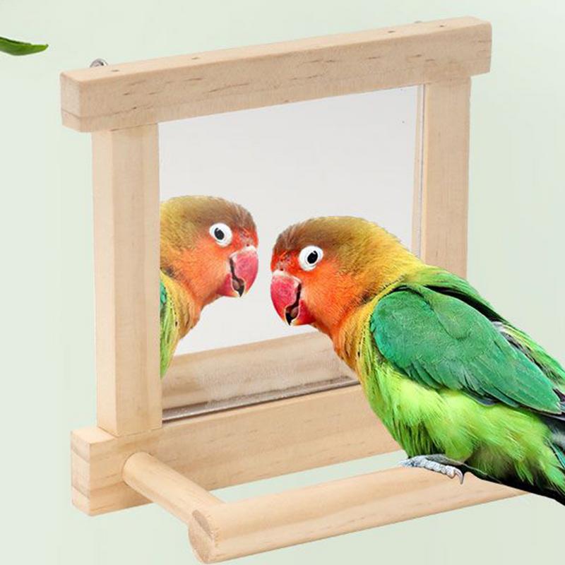 Bird Mirror Perches For Cage Wooden Bird Mirror Toy Natural Wood Parrot Cage Pole For Parakeets Cockatiels Lovebirds Standing