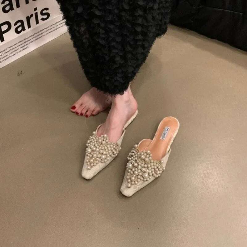 Women Bead Flats Slippers Summer Mules Shoes Sandals 2025 Trend Sgback Slides Walking Flip ps atillas De Mujer