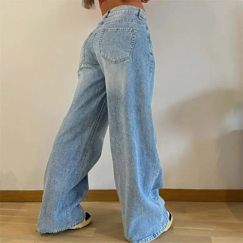 Retro American straight jeans womens high waisted casual loose denim pants womens comfortable commuting wide leg Trousers 24 250228
