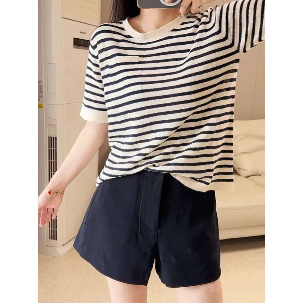 Women Front Pocket Knit Tshirt Stripes 100% En Casual 2025 Summer O-Neck Short Sleeve Knitted Tee For Female