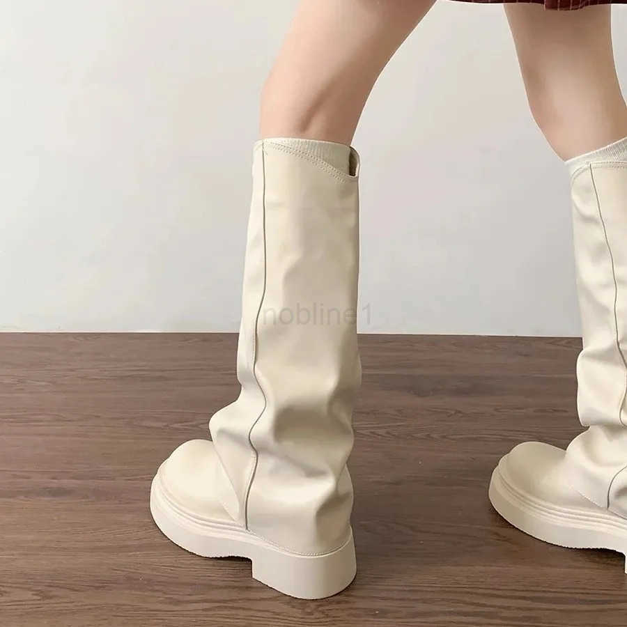 2025 Winter Knee High Wen Boots Fion PU Leather Vintage Platform Shoes Ladies Round Toe Fion Street Black White Boots Z250304