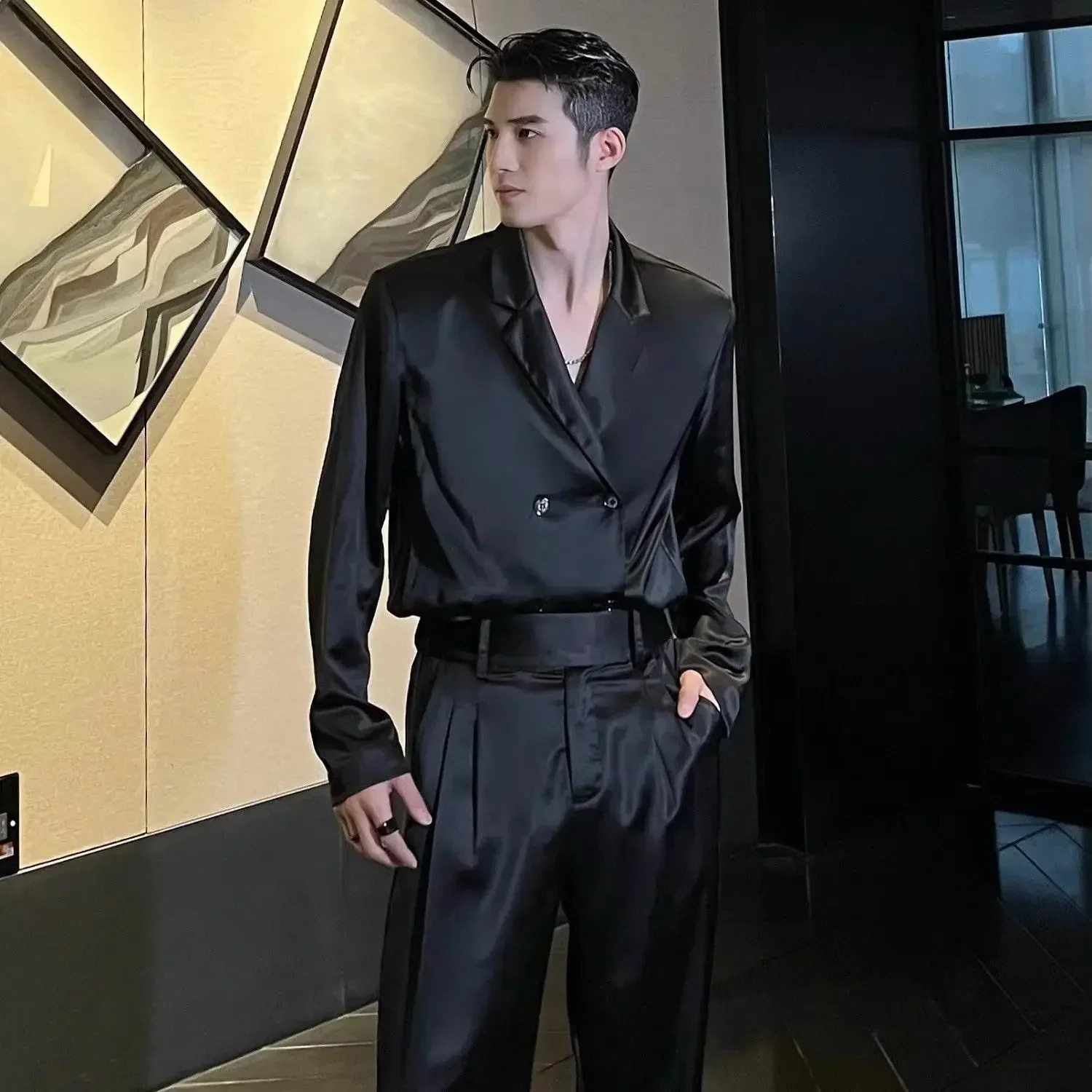 Spring Niche Casual Temperament Suit Fashion Loose High Street Loose Overcoat Long Pants Men Trousers Set Male Clothes 250303