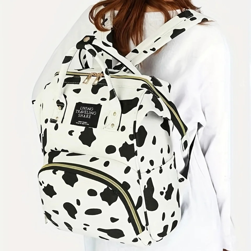 Ship from US Stylish Cow Pattern Backpack Trendy Zipper Rucksack Versatile Womens Travel Diaper Bag 250304FBB