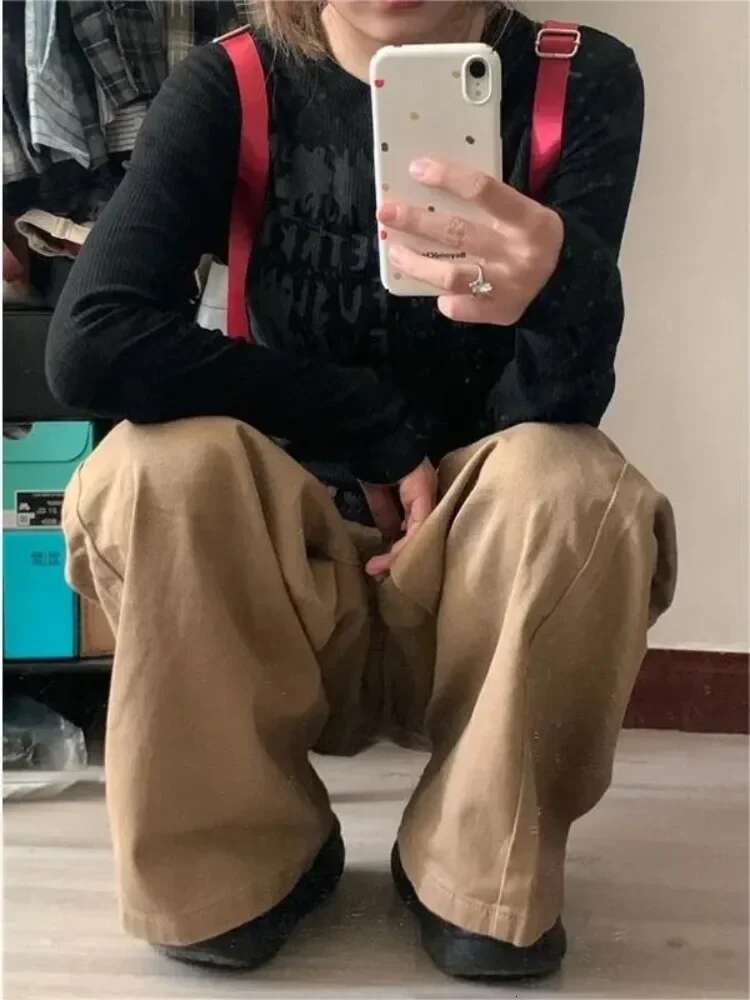 HOUZHOU Y2k Vintage Brown Woman's Cargo Jeans Oversize Japanese 2000S Style Spring Trousers Haruku Korean Wide Denim Pants