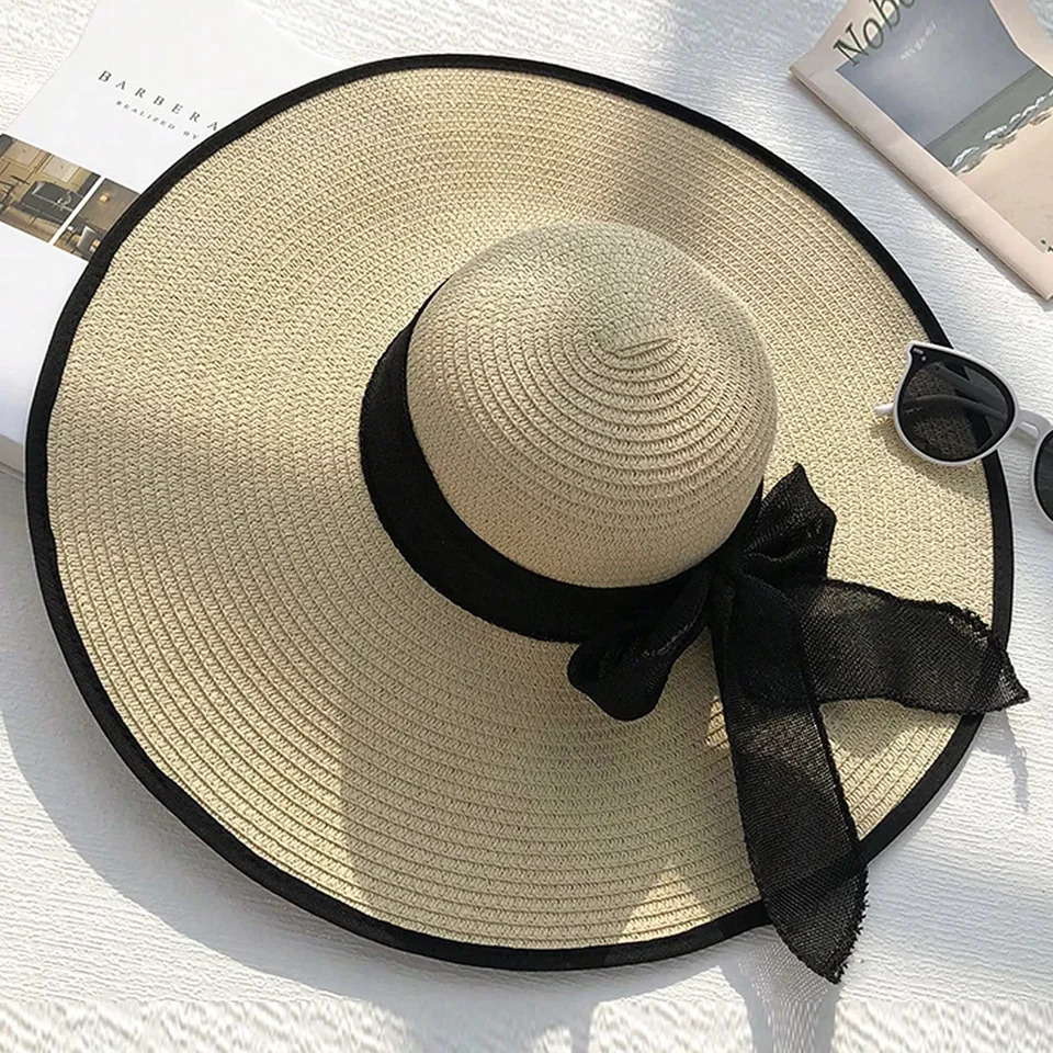 1pc Womens Oversize Brim Straw Hat Womens Summer Sun Block Big Brim Hat Seaside Bow Beach Hat Suitable For Sun Protection 250227