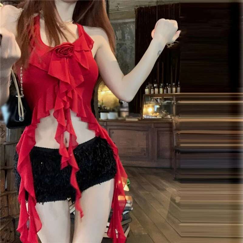 Camis Halterneck Women Ruffles Design Unique Sexy Spicy Girls High Street Popular Ins Korean Fashion Solid Attractive Top
