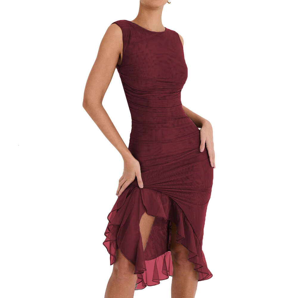 Summer Round Collar Sleeveless Fashionable Hot Selg Sexy Tight Back Fold Middle Long Dress 2025 New Casual Versatile Fashion Clothing