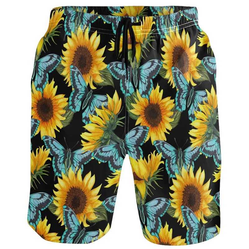 Sunflower Lemon Flamingo Beach Shorts For Men 3D Printed Hawaiian Swim Trunks Summer Vacation Board Shorts Kids Short PantsT250304