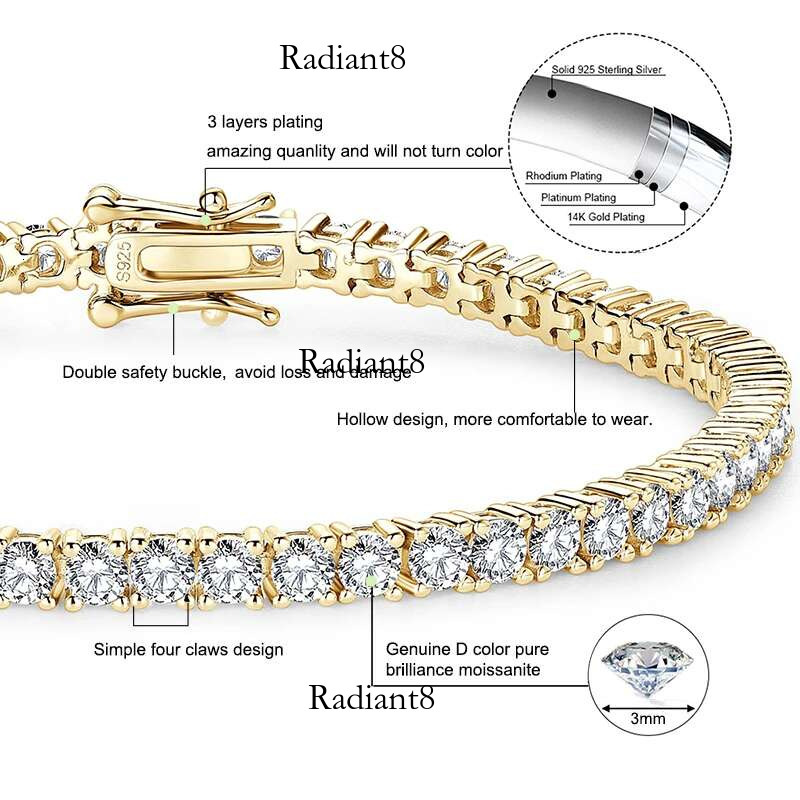 Anziw Sterg Sier Plated 14K Gold Tennis Bracelet 3mm 5mm D VVS1 Round Moissanite Bracelets for Women Men Couples Gifts