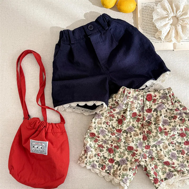young deer Spring Summer Baby Girls Printed Shorts Lace Korean Style Children Casual Knee Length Pants 250304