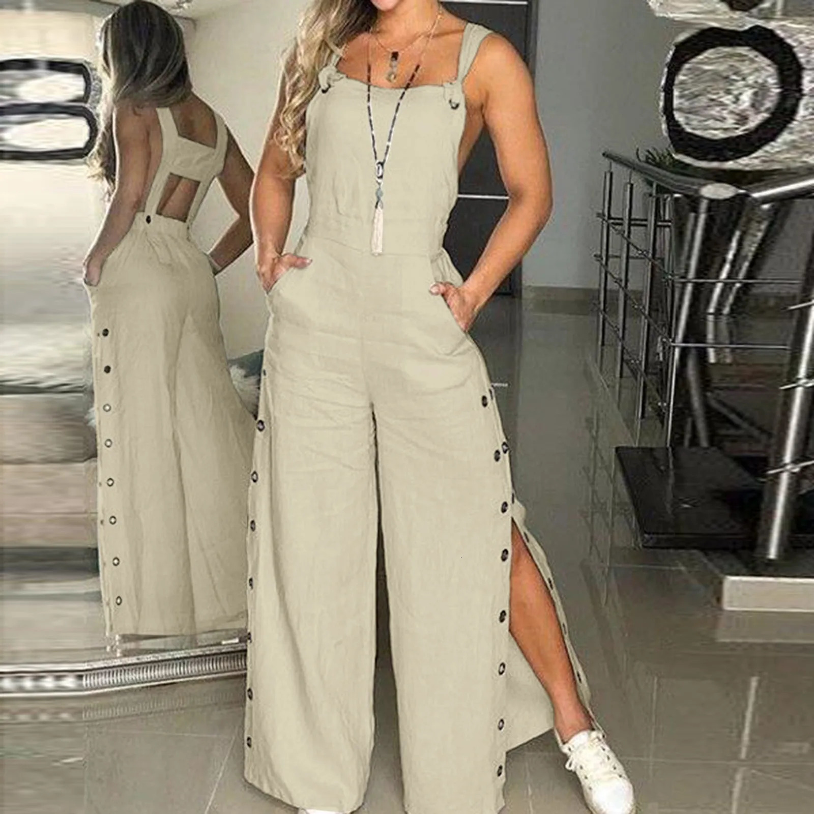 Fashion Casual Side Slits Womens Jumpsuit Summer Loose Sleeveless Overalls Wide Leg Elegant Cotton Linen Suit 250303