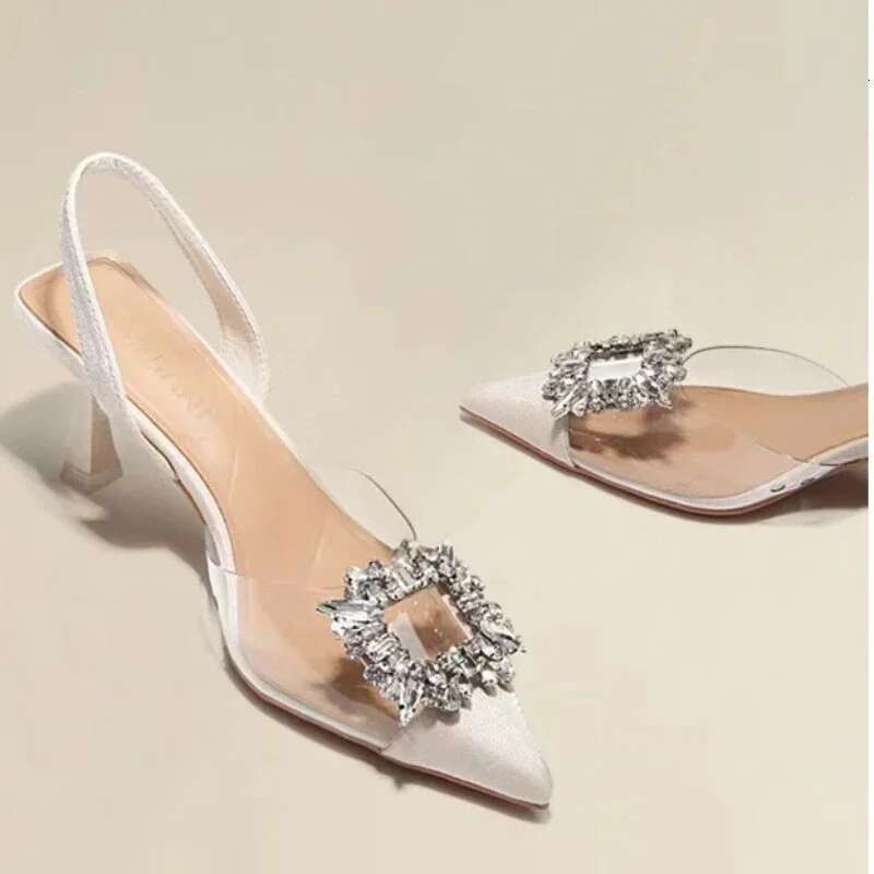 Shoes Women Single Designer Brand Woman Pointed Toe Heel Square Buckle Rhies Transparent Splicing High Heeled Sandals