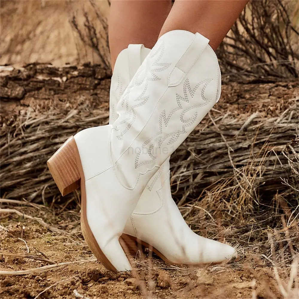 2024 Big size 43 Good Quality White Cowboy Boots Wen Vintage Block H Country Concert Mid-calf Wern Cowgirl Boots Shoes Z250304
