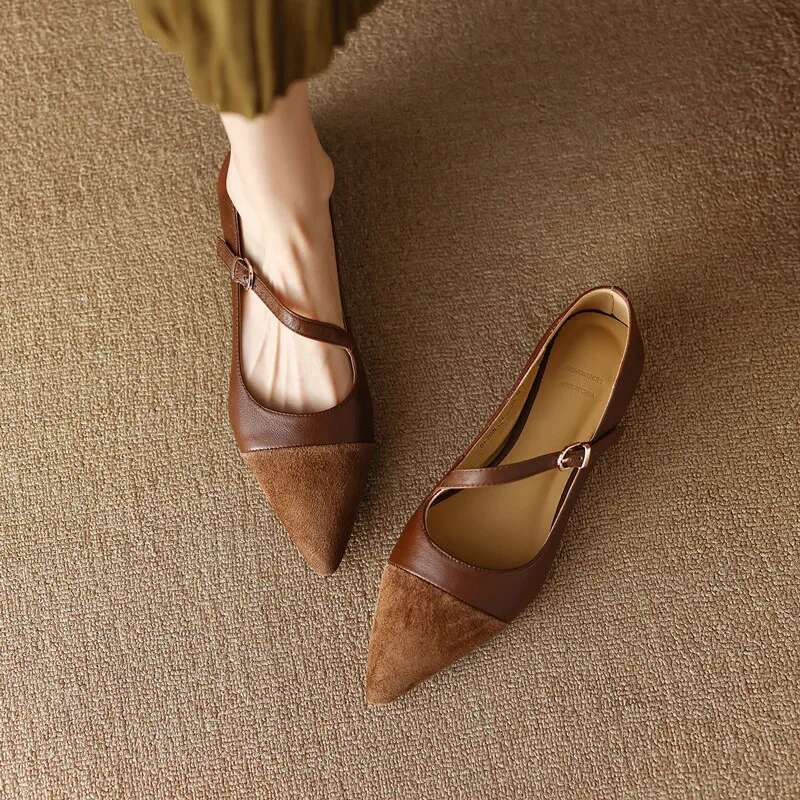 Retro pointed single women's splicing design light mouth versatile brown ladyshoes French one-word buckle with flat shoes
