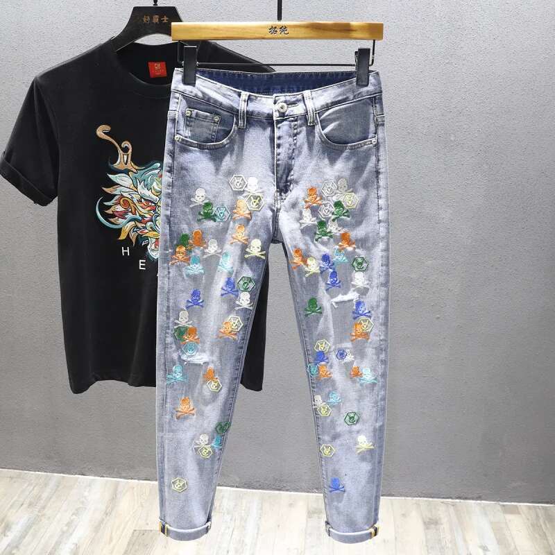 Summer Men's Slim Fit Jeans With Embroidery Design, Stretchy Casual Thin High-End Long Pants