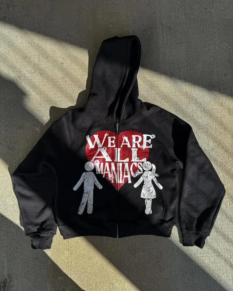 American fashion Gothic pattern letter oversized hoodie mens Y2K high street clothing casual loose versatile zipper sweatshirt 250303