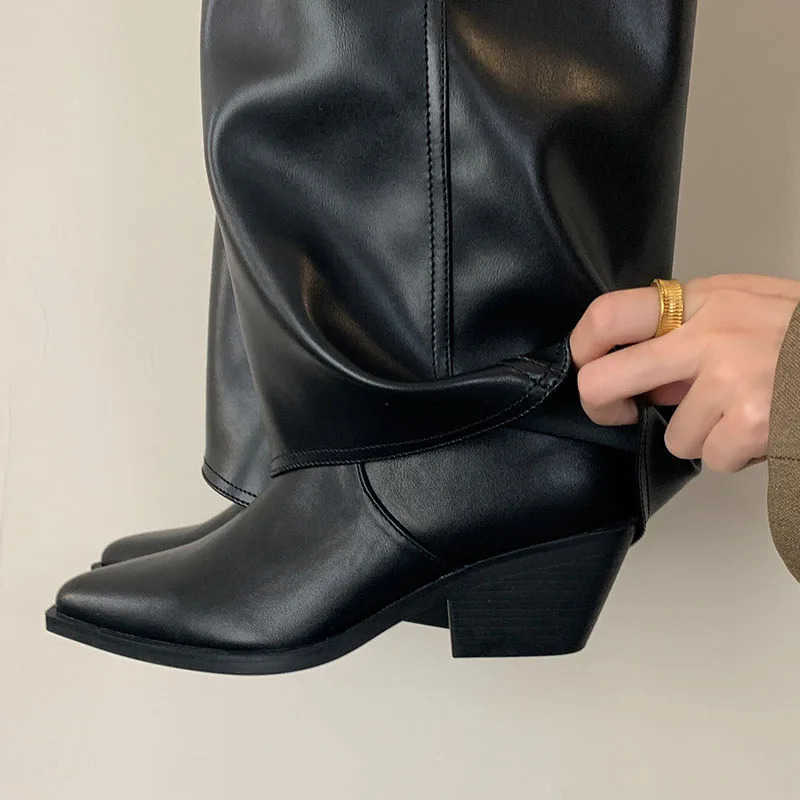New Fem Slip On Footwear Fion Denim Wen Knee High Boots Pointed Toe Ladies Modern Long Booties With H Pumps Shoes Z250304