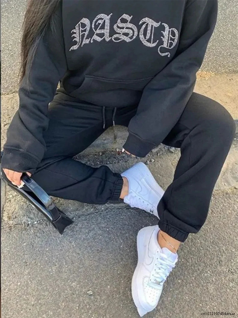 Womens high waisted twopiece set winter velvet hooded sweatshirt autumn jogging sports loose thick pants y2k track and field suit womens 250225