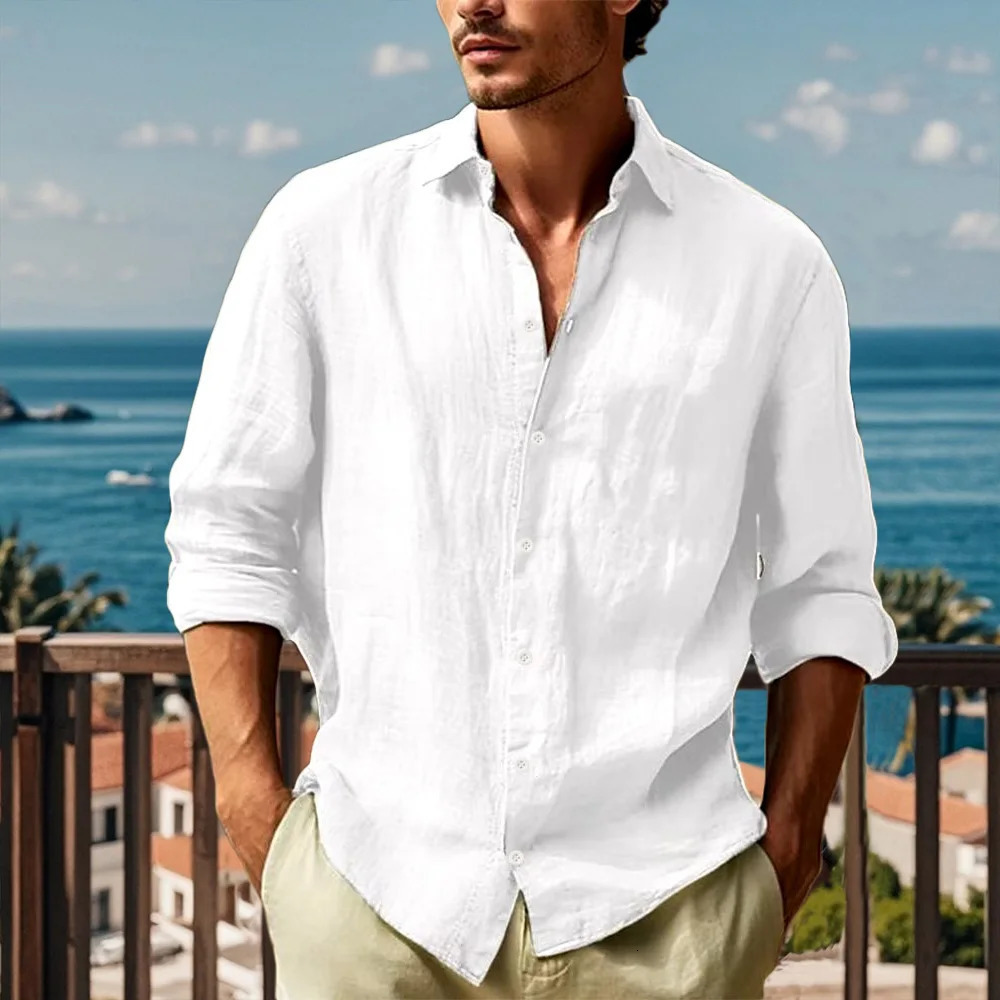 Mens Cotton Linen Solid Long Sleeve Shirt Turn Down Collar Hawaiian Lightweight Breathable Shirt Casual Male Cozy Streetwear 250227