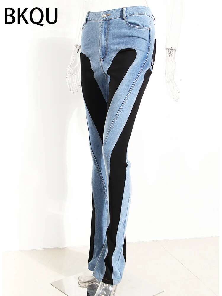 BKQU Jeans Women Pencil 2023 Fashion High Waist Contract Color Patchwork Split Long Denim Pants Elastic Skinny Trousers