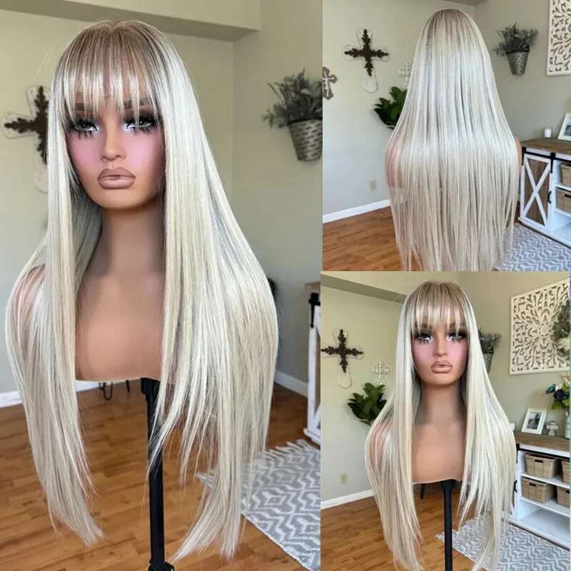 Long Straight Frontal Wigs Ash Blonde Rooted Womens With Bangs Soft Synthetic Hair Swiss Lace Wig Glueless Easy To Wear