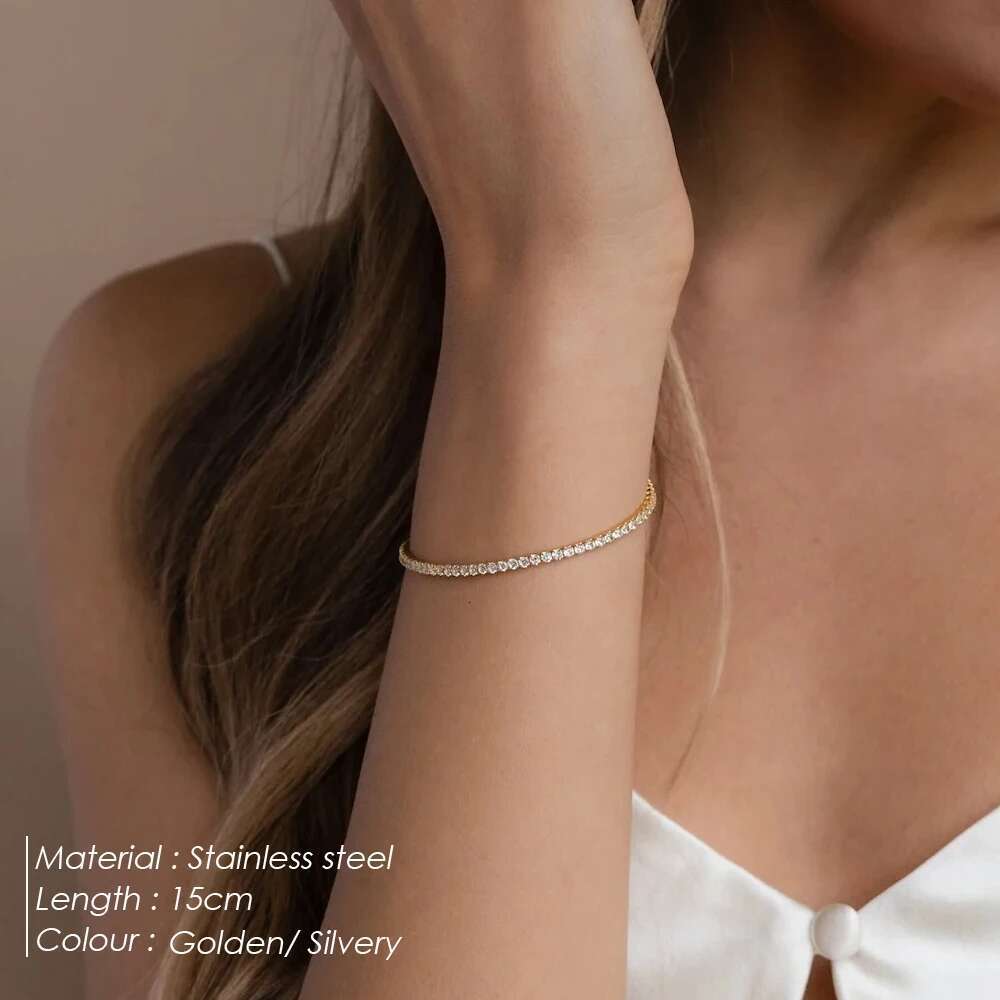 eManco Stainless Steel Gold Plated Sparkg Bracelet High Quality White Zirconia Single Row Simple Accessory For Girls