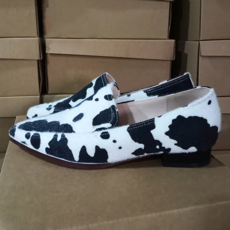 Pointed Toe Casual Flat Loafers Women Shoes Black Cow Pattern Shallow Single 250303