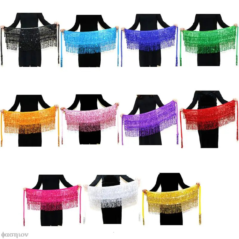 Sexy Women Belly Dance Hip Tutu Skirt Scarf Wrap Belt Glitter Sequins Tassel Hipscarf Skirt Sundress Costume Fringe Skirt Outfit 250304