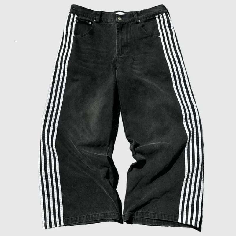 High Vintage Striped Embroidered High-Waisted Jeans Men Women Casual Pants Haruku Hip Hop Street Baggy Wide-Leg Jeans