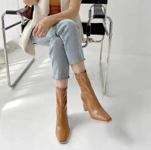 Leather elastic leather boots mid-tube short boots autumn /winter new thick-heeled high-heel patent leather white wen boots Z250304