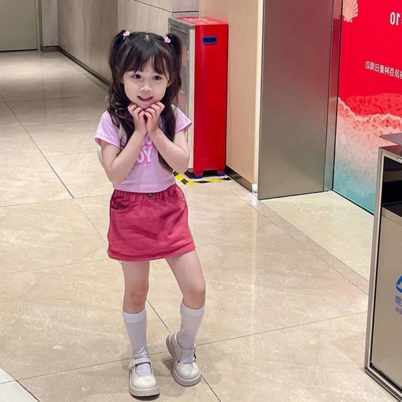 Summer Children Girls Short Sleeved Suit Girls Pink T-shirtSkirt Suits Kids Comfortable Sweet Girls Fashion Casual Clothes Set 250304
