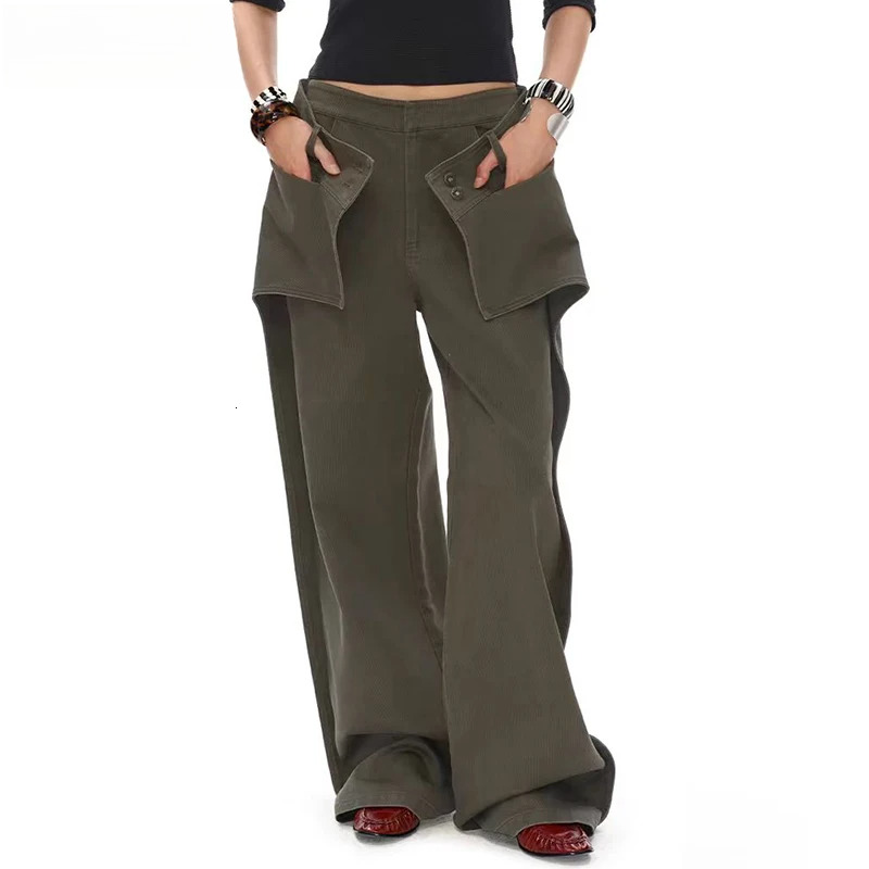 Fashion Fake Two-Piece Straight Solid Color Denim Long Pants For Women Button Patchwork Loose Jeans Female 11A02525