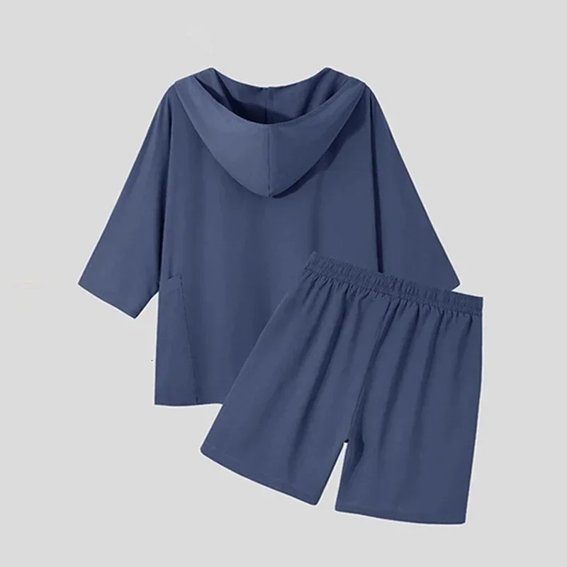 Mens Sets Cotton Linen Two-Piece Set Short-Sleeve Hoodie V-Neck T-Shirt Loose Home Suits Irregular Shorts Monochromatic Summer 250303