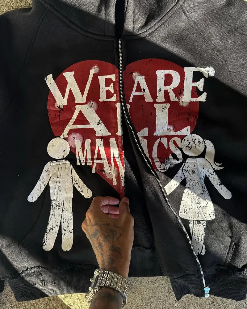 American fashion Gothic pattern letter oversized hoodie mens Y2K high street clothing casual loose versatile zipper sweatshirt 250303