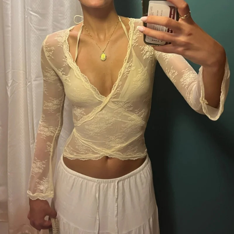 Sexy Women Y2k Lace Top Sexy V Neck See Through Mesh Crop Top Floral Lace Low Cut Long Sleeve Tee Shirt Blouse 250303