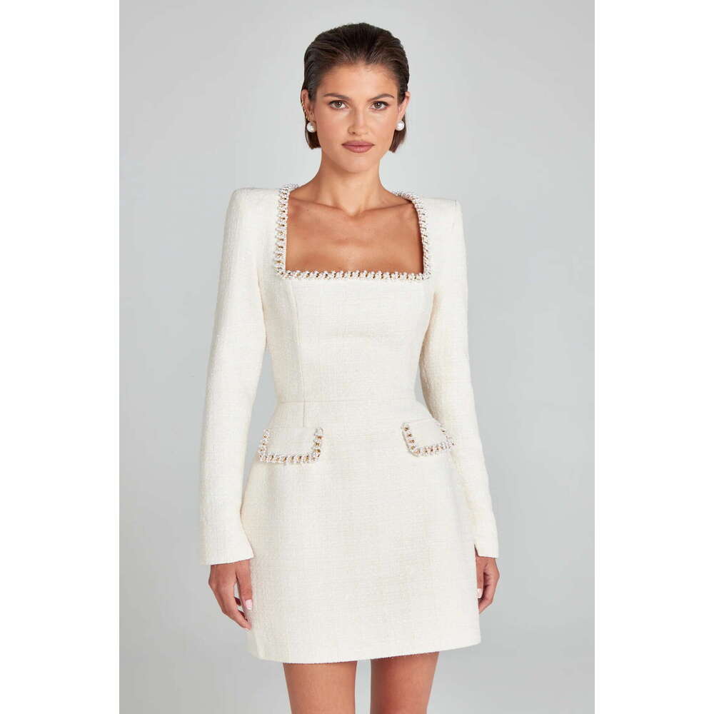 European American slim fit slimming U-neck long sleeved nail bead small fragrant dress for women, 2025 new style chic and elegant clothing