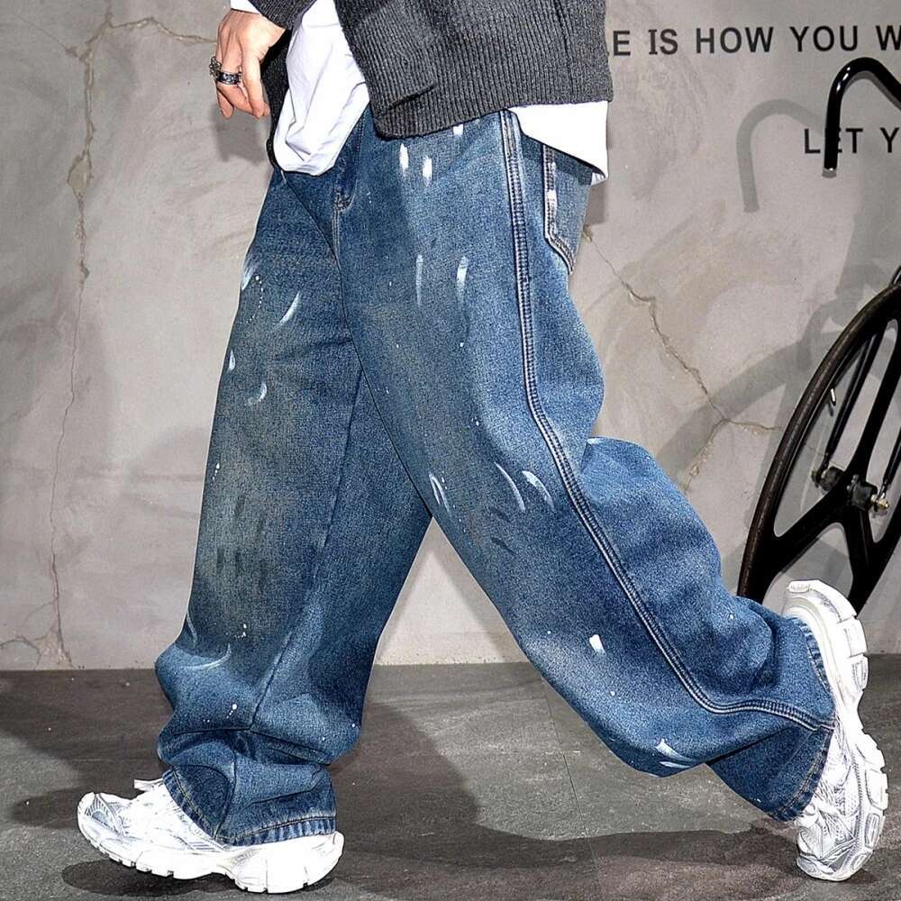 Winter Fleece Thick Baggy Jeans For Men Streetwear Spray Paint Trend Warm Denim Pants Fashion Hip Hop Skateboard Trousers Male