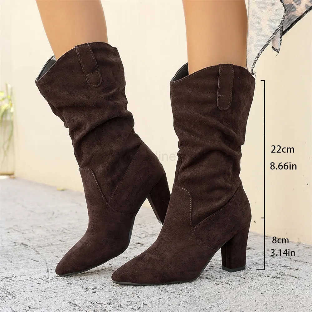Big Size 42 Elegant Modern Lady Mid-calf Boots Wen Shoes Sexy Slip on Pleated Block High H Boots for Party and Off Z250304
