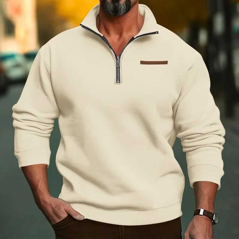 Autumn and winter stand up collar long sleeved semi open zipper sports shirt for mens casual loose fit full matching top 250304