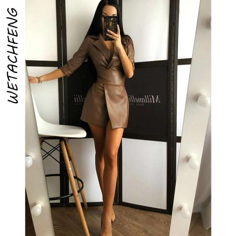 Dresses Sexy V Neck Long Sleeve Sashes Mini Party Night Elegant PU Leather Solid Dress Winter Autumn Coats Women Clothes